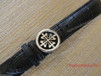 Patek Philippe Replica Black Leather Watch Band 22mm or 24mm Deployment buckle